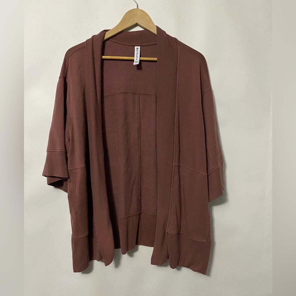 Athleta Kimono Cardigan Sweater S/M Mauve Cotton Stretch Short Sleeve Baggy